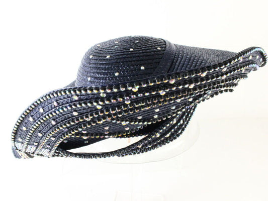 George Zamaul Ladies Boutique Navy Blue STATEMENT Hat W/ Rhinestones 7 1/8 57cm