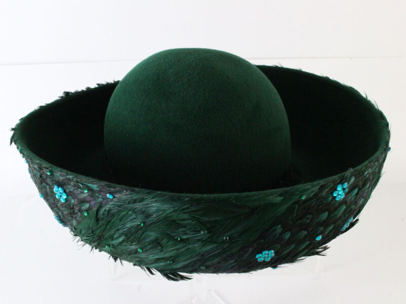 George Zamaul New York Ladies Forest Green Boutique Felt Hat W/ Feathers 7 56cm