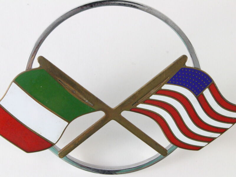 Italian And American Flags Crossed Automobile Badge Ferrari, ALFA? 4.5"