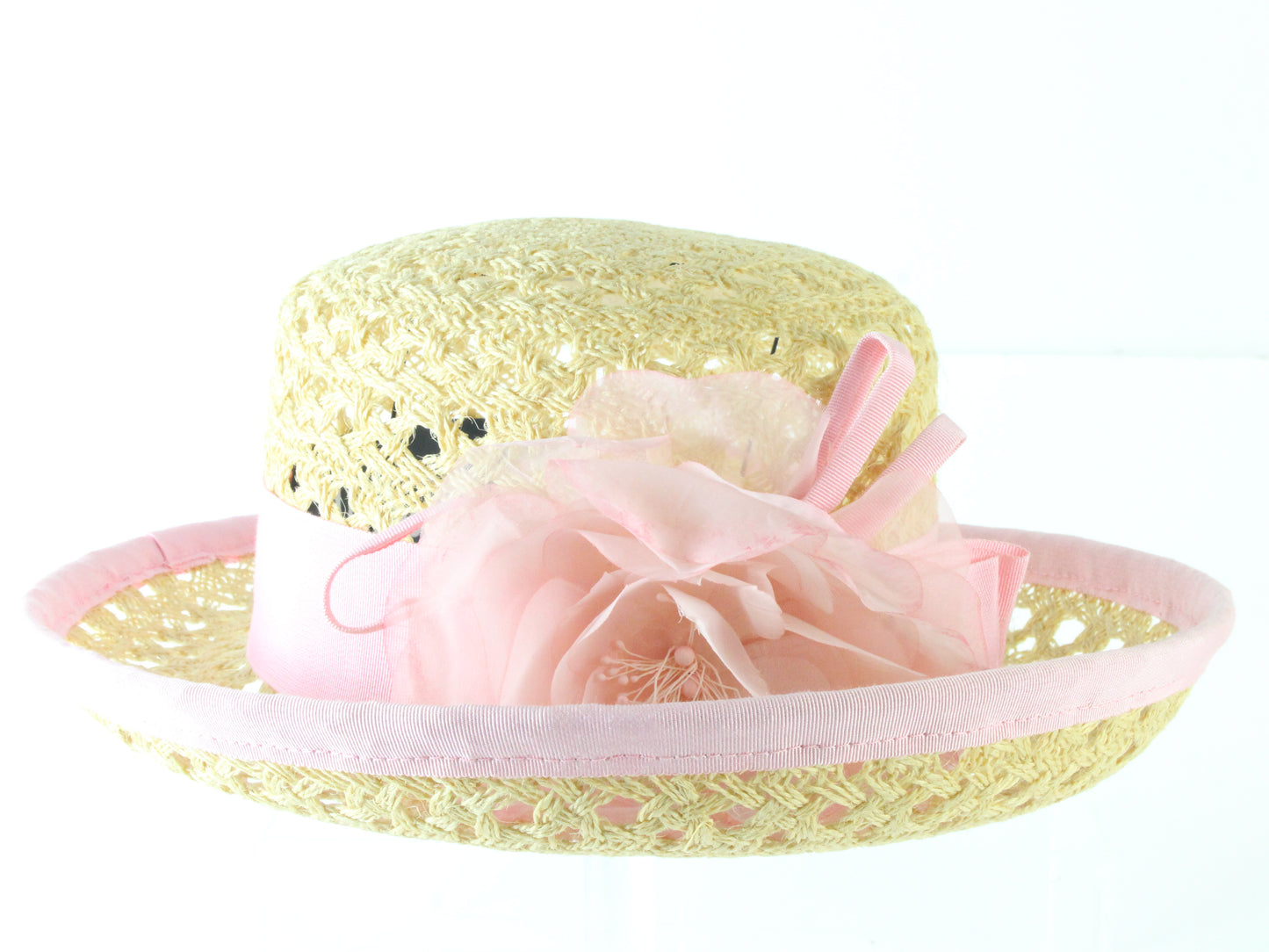 Sonni of California Ladies Boutique Natural Tan Straw Hat W/ Pink Trim 7 56cm