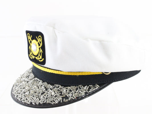 Ladies Vintage White and Silver Yacht Cap W/ Gold Cord One Size PARTY COSTUME