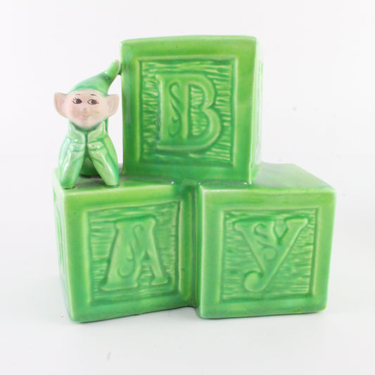 Vintage Treasure Craft Green Elf Suit Pixie Ceramic Baby Block Planter 5.5 In