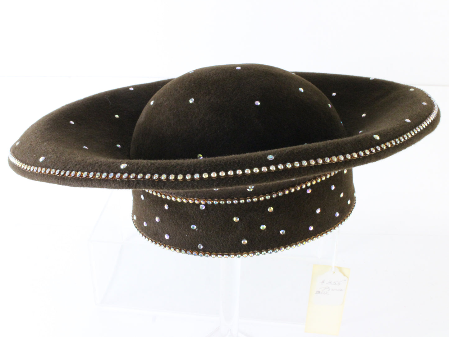 Makins New York Ladies Bronze Brown Felt Hat W/ Rhinestones 7 1/8 57cm