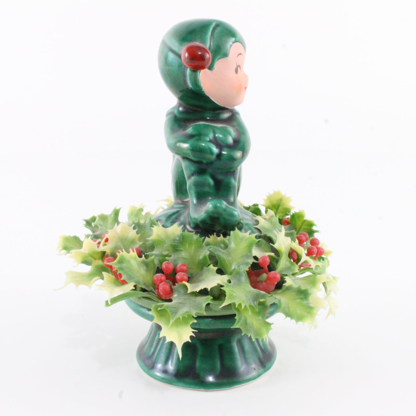 Vintage Ceramic Pixie Holly Leaf W/ Cap + Holly Leaves Inarco Japan 4.5 In