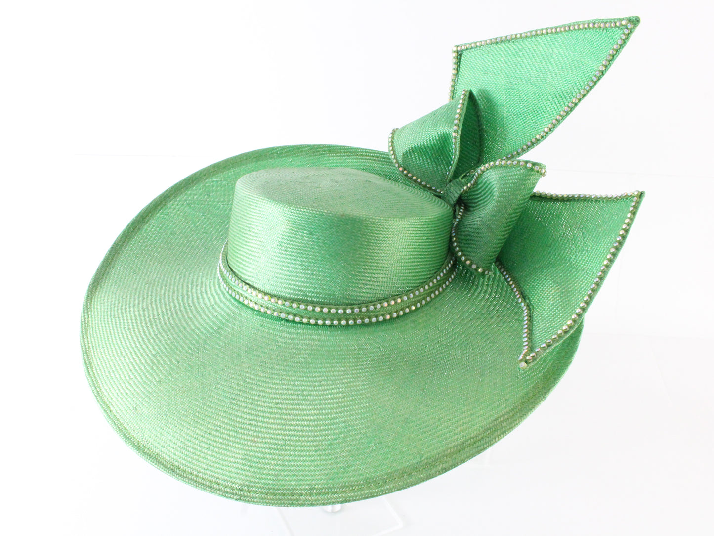 Jack Mcconnell New York Ladies Green Straw Hat W/ Rhinestones 7 1/8 57cm