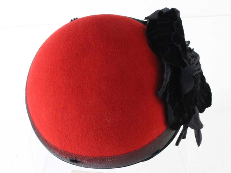 Joe Bill Miller Ladies Boutique Red Wool Felt Hat W/ Black Flower 7 3/8 59cm