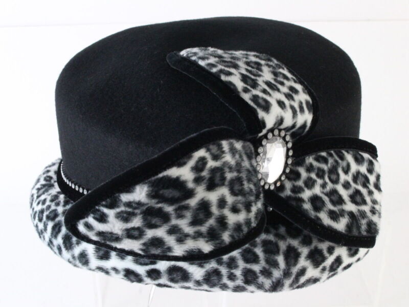 Bellini Originals Ladies Black And Animal Print Felt Hat W/ Rhinestones