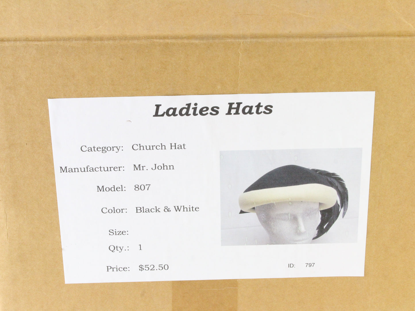 Mr John Classic Ladies Black and White Wool Felt Hat W/ Feathers 6 7/8 55cm