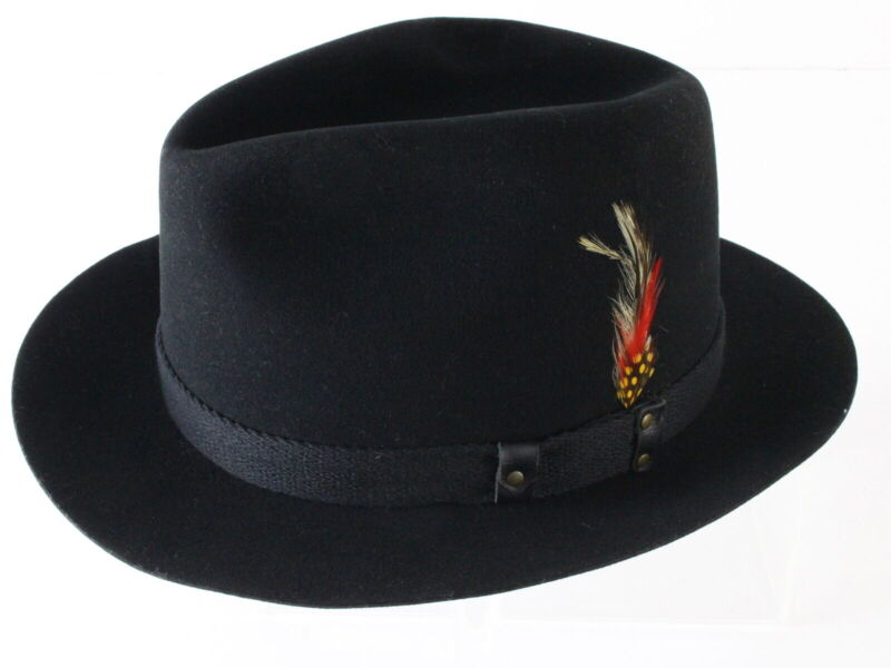 Dynafelt Mens Black Felt STYLISH Fedora W/ Feathers 7 1/4 58cm