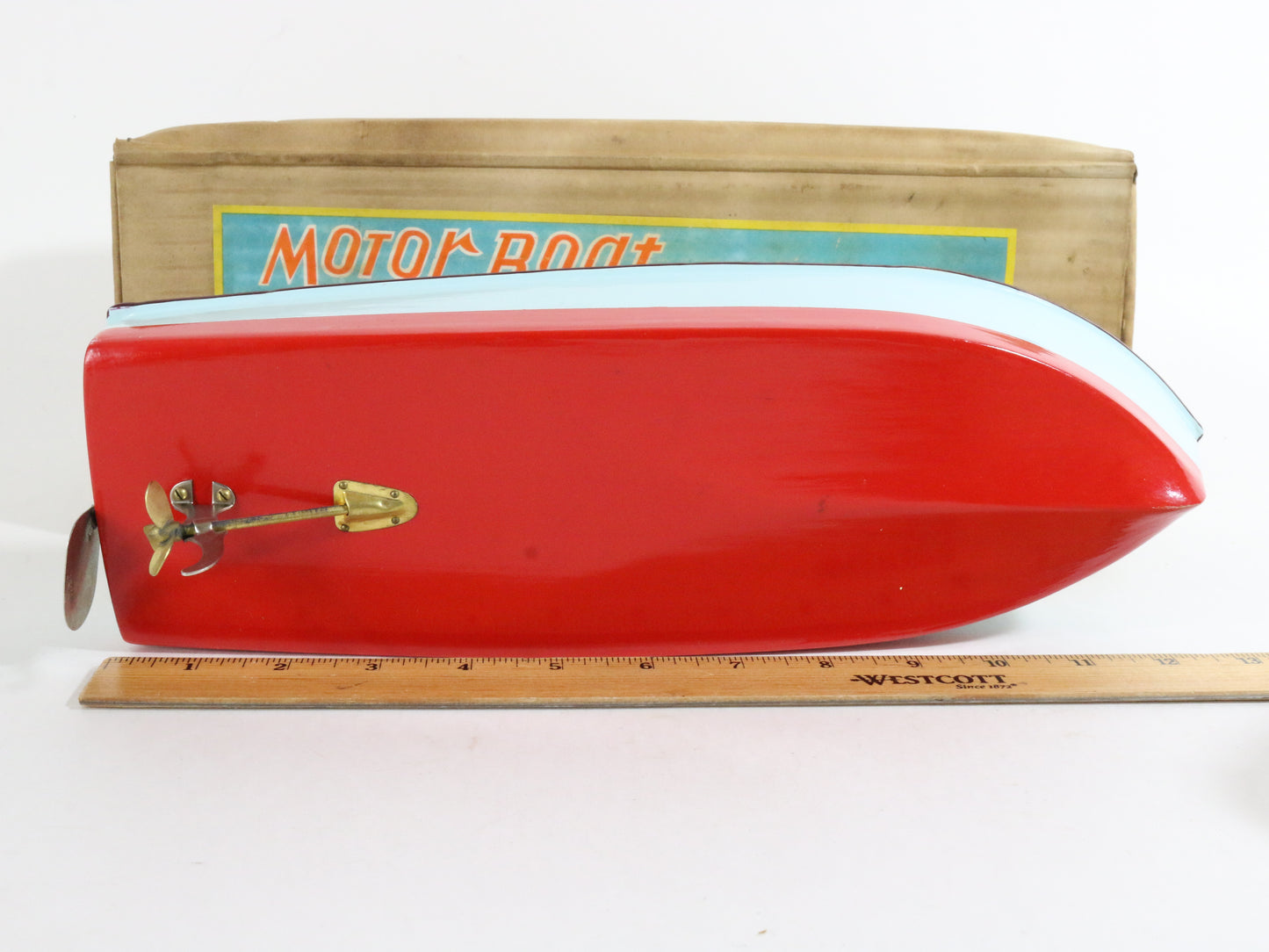 Vintage Blue Yellow Red Cabin Cruiser Wooden Battery Boat SM TMY ITO 13.5��� + BOX