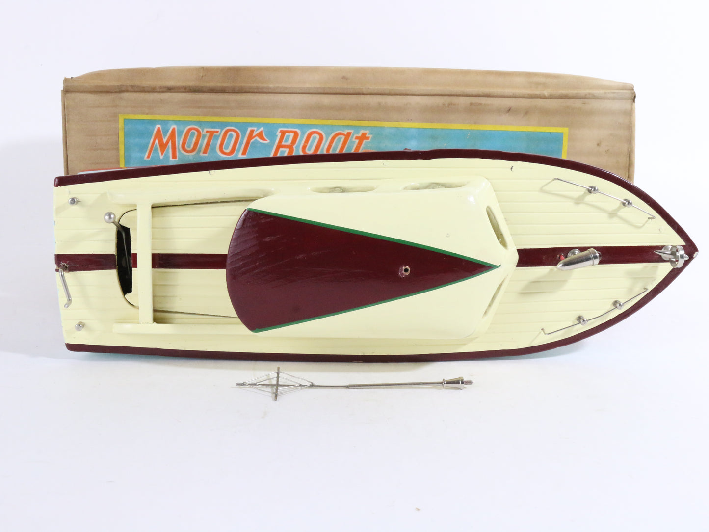 Vintage Blue Yellow Red Cabin Cruiser Wooden Battery Boat SM TMY ITO 13.5��� + BOX