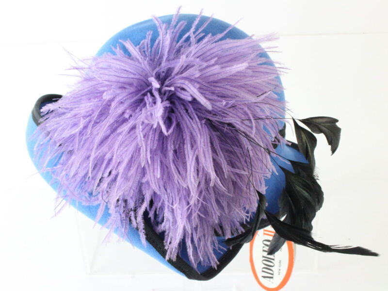 Adolfo II Ladies Azure Blue Felt Boutique Church Hat Purple And Black Feathers