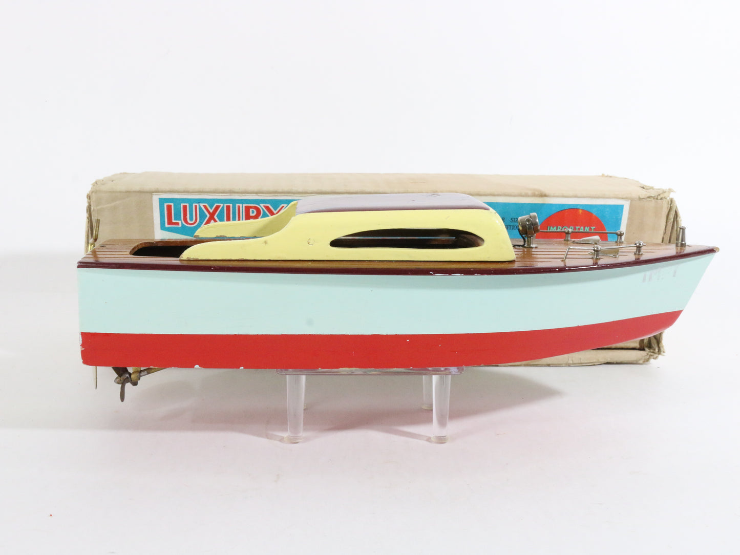 Vintage Blue Red Brown Luxury Cabin Cruiser Wooden Boat Japan IMP IMPY 12"