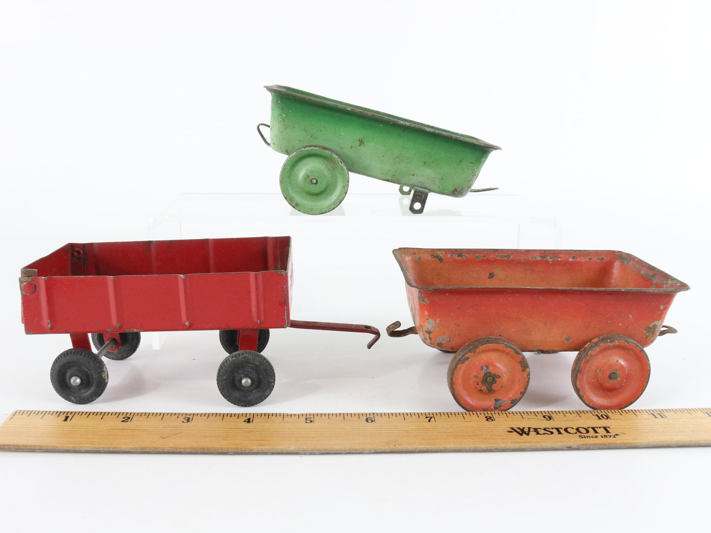 Lot Of 3 Vintage Metal Trailers Ertl Red Green & Orange 5"