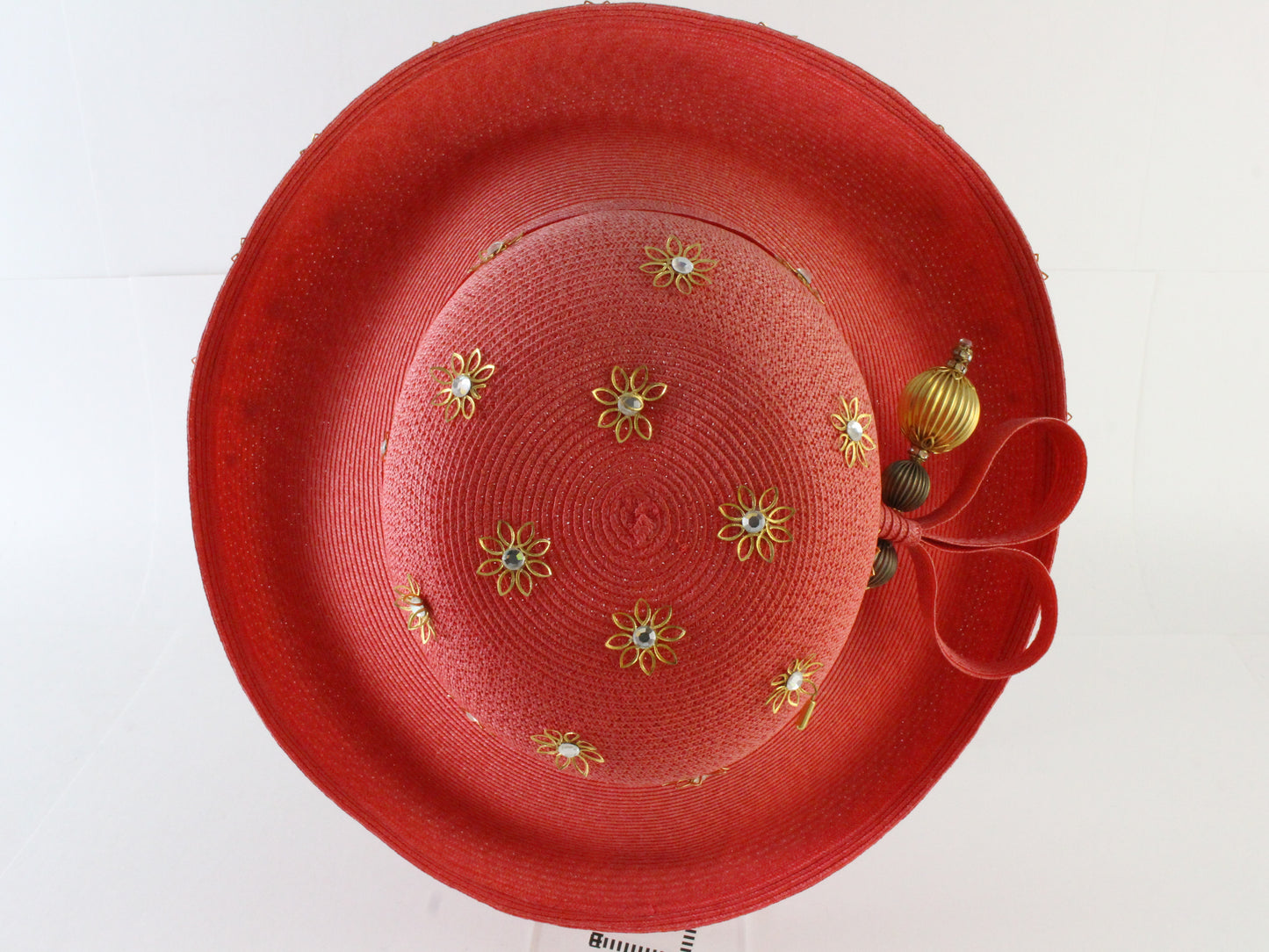 Tim Crawford Ladies Red Boutique Hat W/ Gold Flowers and Rhinestones 6 7/8 55cm