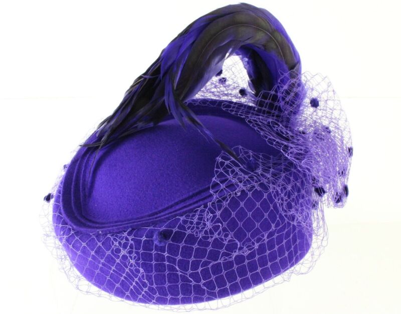 Adolfo II Ladies Purple Wool Felt Cap W/ Mesh And Feathers 6 7/8 55cm