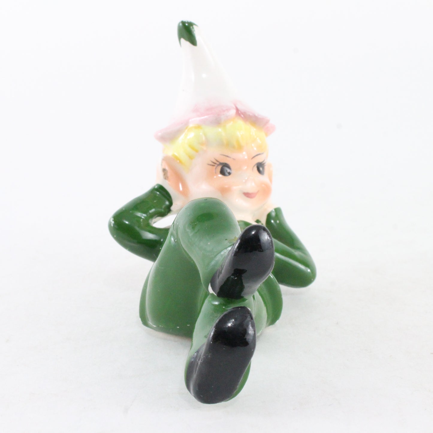 Vintage Norcrest Ceramic Pixie Elf In Green W/ Pink Flower On Head Made In Japan