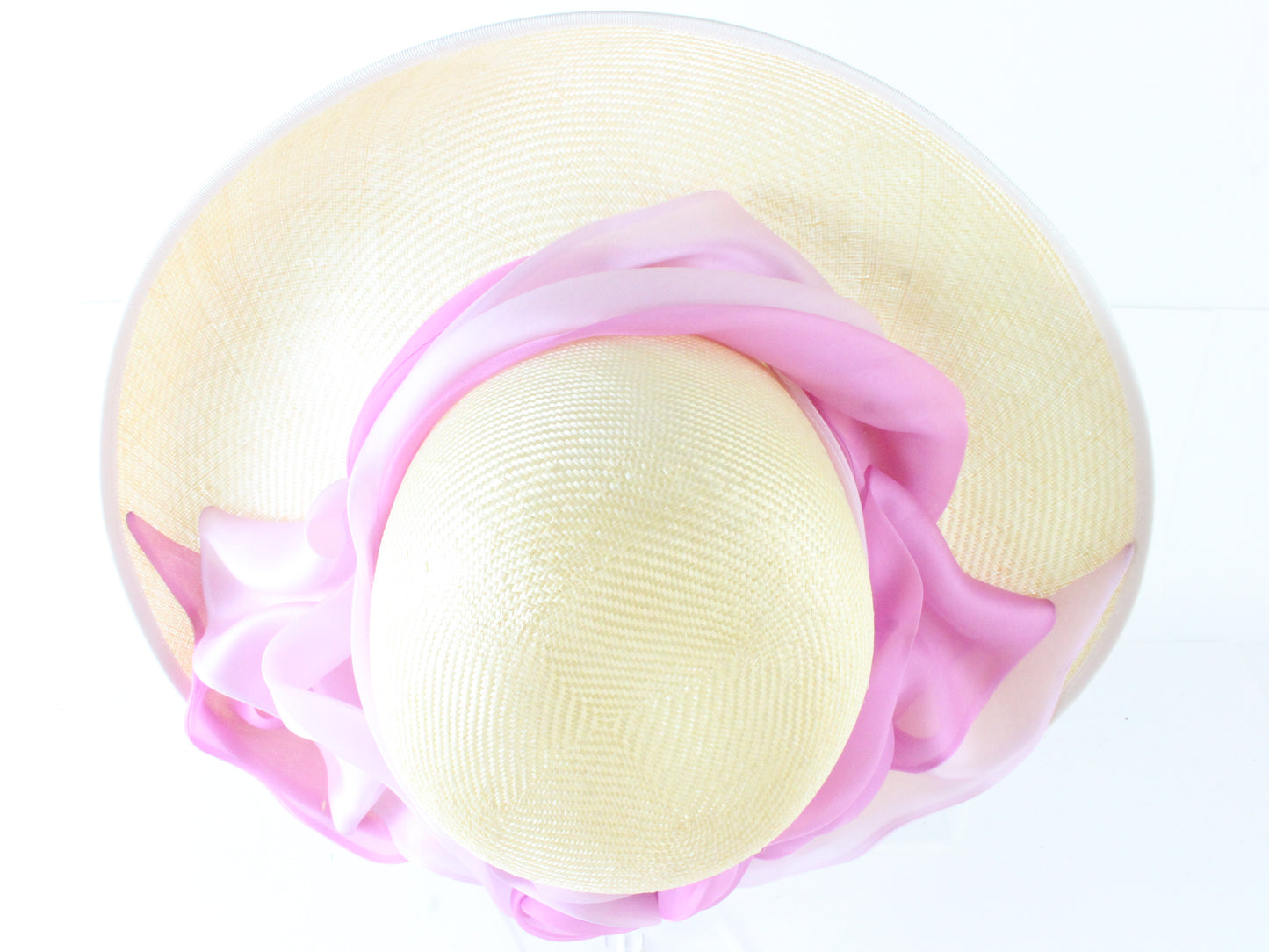 Bailey Tomlin London Ladies Tan Straw Hat W/ Pink Satin Organza Ribbon 7 56cm