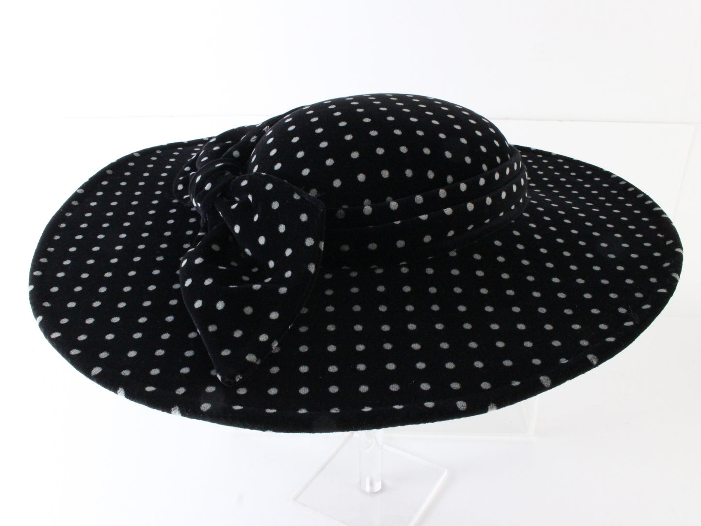 Sonni Of California Ladies Black And White Polka Dot Hat W/ Bow 6 5/8 53cm