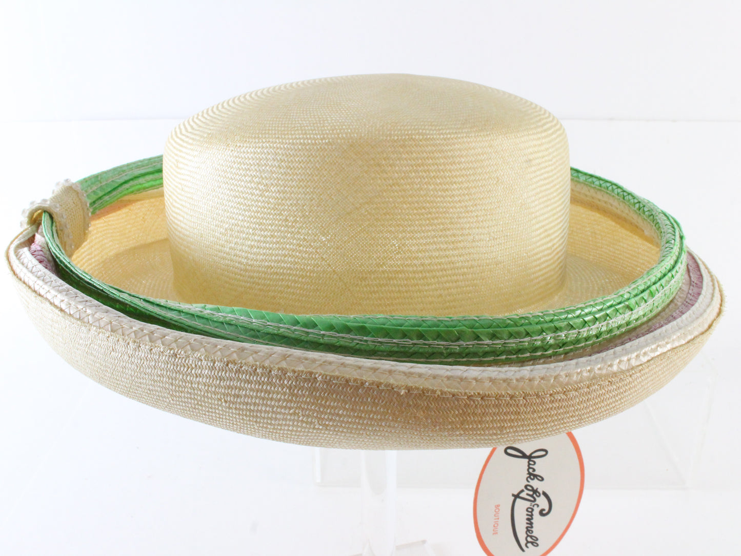 Jack Mcconnell Ladies Natural White Straw Like Hat W/ Pink and Green 7 1/8 57cm