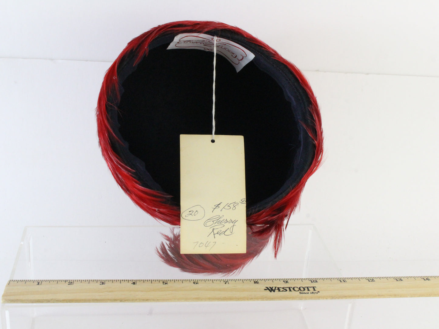 George Zamaul New York Ladies Cherry Red Boutique Hat W/ Feathers 7 56cm