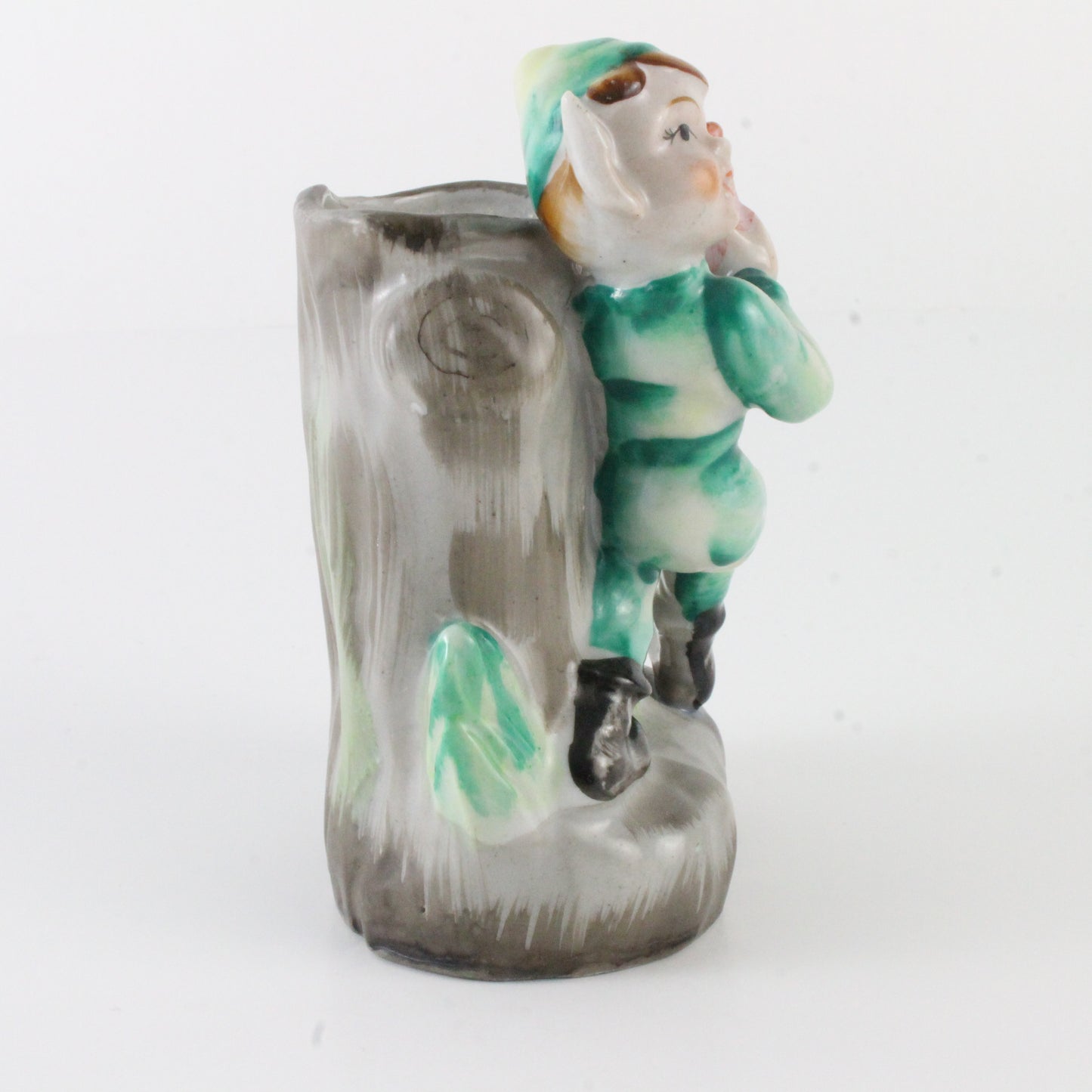 Vintage Green Stripe Pixie Elf With Stump Ceramic Planter Occupied Japan 4.5 In