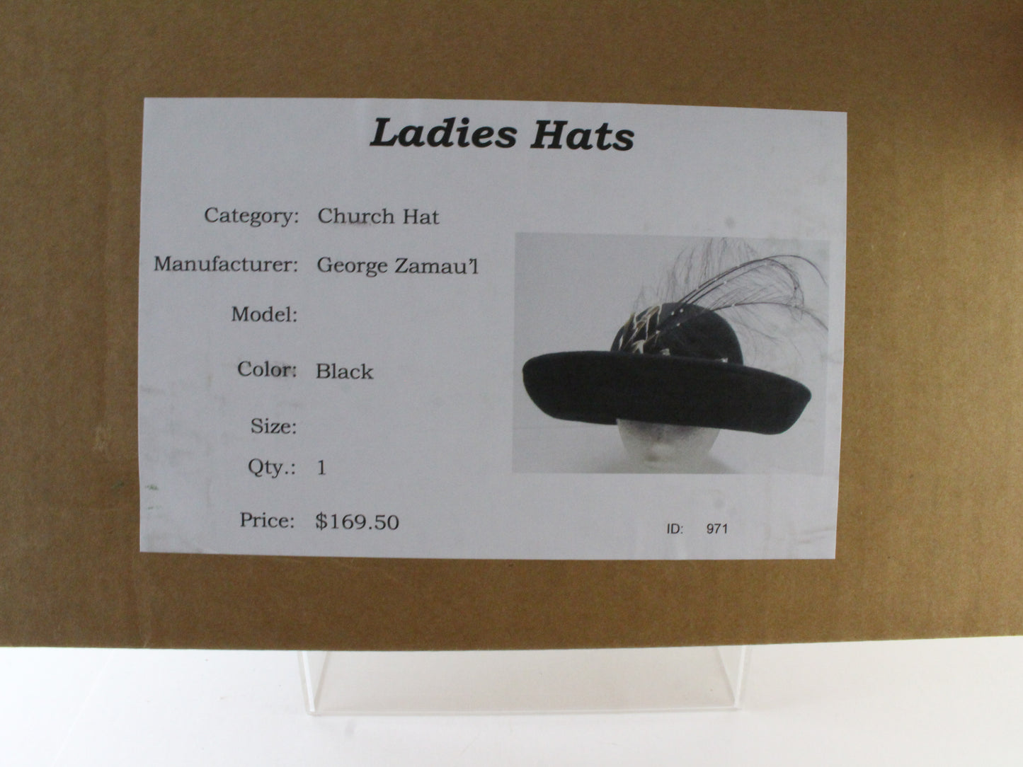 George Zamaul New York Ladies Elegant Black Felt Hat W/ Large Feathers 7 56cm