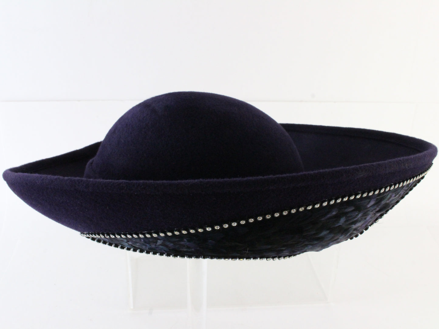 Jack Mcconnell New York Ladies Navy Blue Felt Hat W/ Feathers 6 7/8 55cm