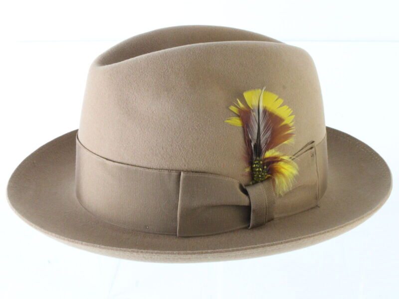 Biltmore Top Hatters Mens Pecan Brown Felt Fedora W/ Rust And Yellow Feathers