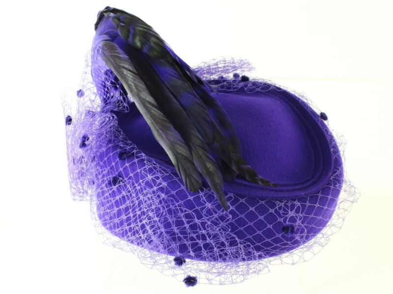 Adolfo II Ladies Purple Wool Felt Cap W/ Mesh And Feathers 6 7/8 55cm