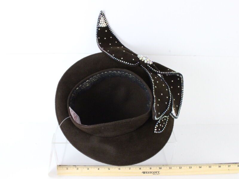 George Zamaul Ladies Brown Felt Boutique Hat W/ Rhinestones 6 7/8 55cm