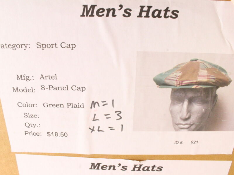 Artel Mens Green Plaid Eight Panel Cap NEWSBOY IVY CAP STYLE MULTIPLE SIZES