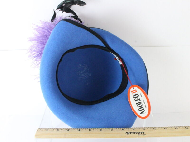 Adolfo II Ladies Azure Blue Felt Boutique Church Hat Purple And Black Feathers