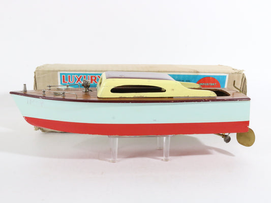 Vintage Blue Red Brown Luxury Cabin Cruiser Wooden Boat Japan IMP IMPY 12"