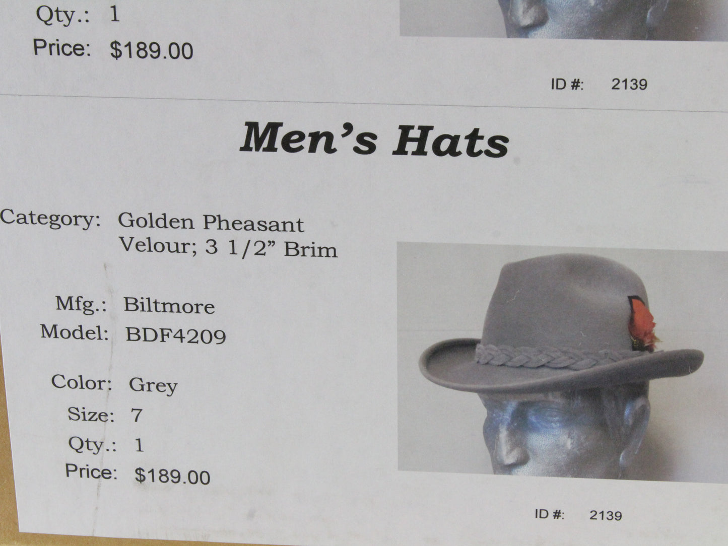 Biltmore Golden Pheasant Velour Mens Sterling Gray Felt Fedora 7 56cm