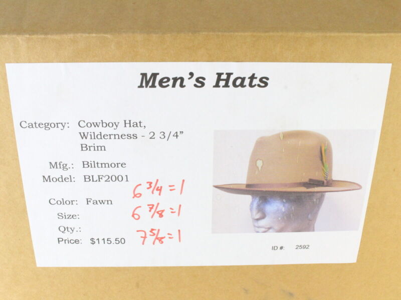 Biltmore Wilderness Mens Fawn Brown Felt WESTERN STYLE Hat W/ Pin 6 3/4 54cm