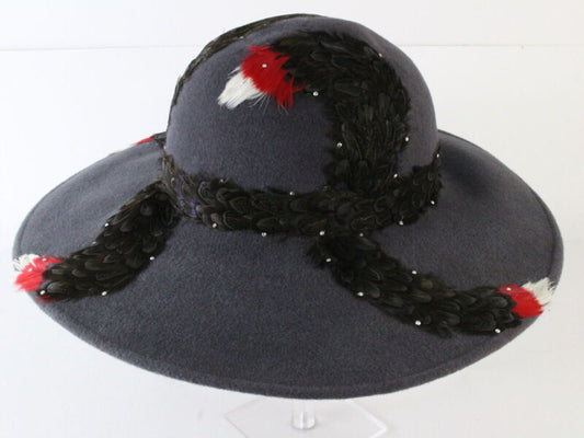 George Zamaul New York Ladies Charcoal Gray Boutique Felt Hat W/ Feathers