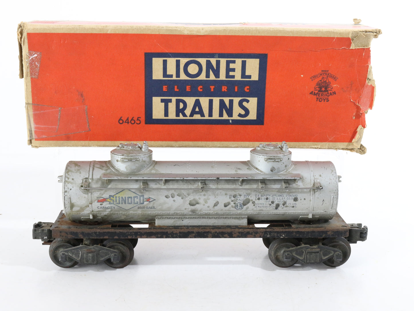 Lionel O Postwar 6465 Sunoco Silver Twin Dome Tank Car W/ Box