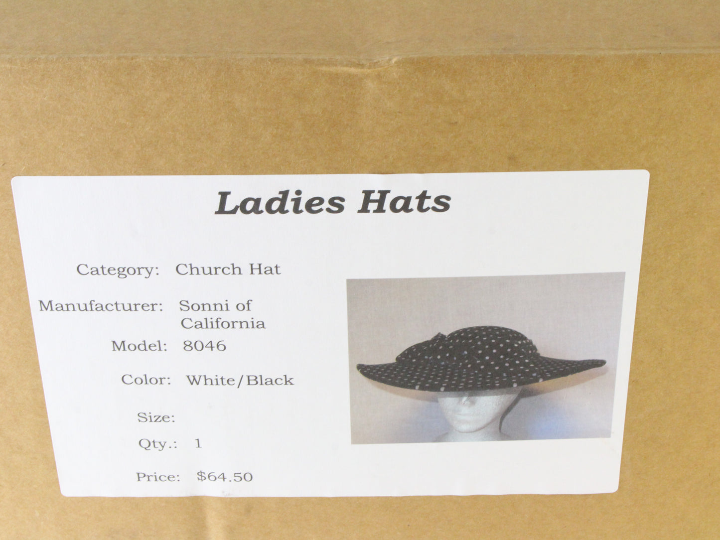 Sonni Of California Ladies Black And White Polka Dot Hat W/ Bow 6 5/8 53cm