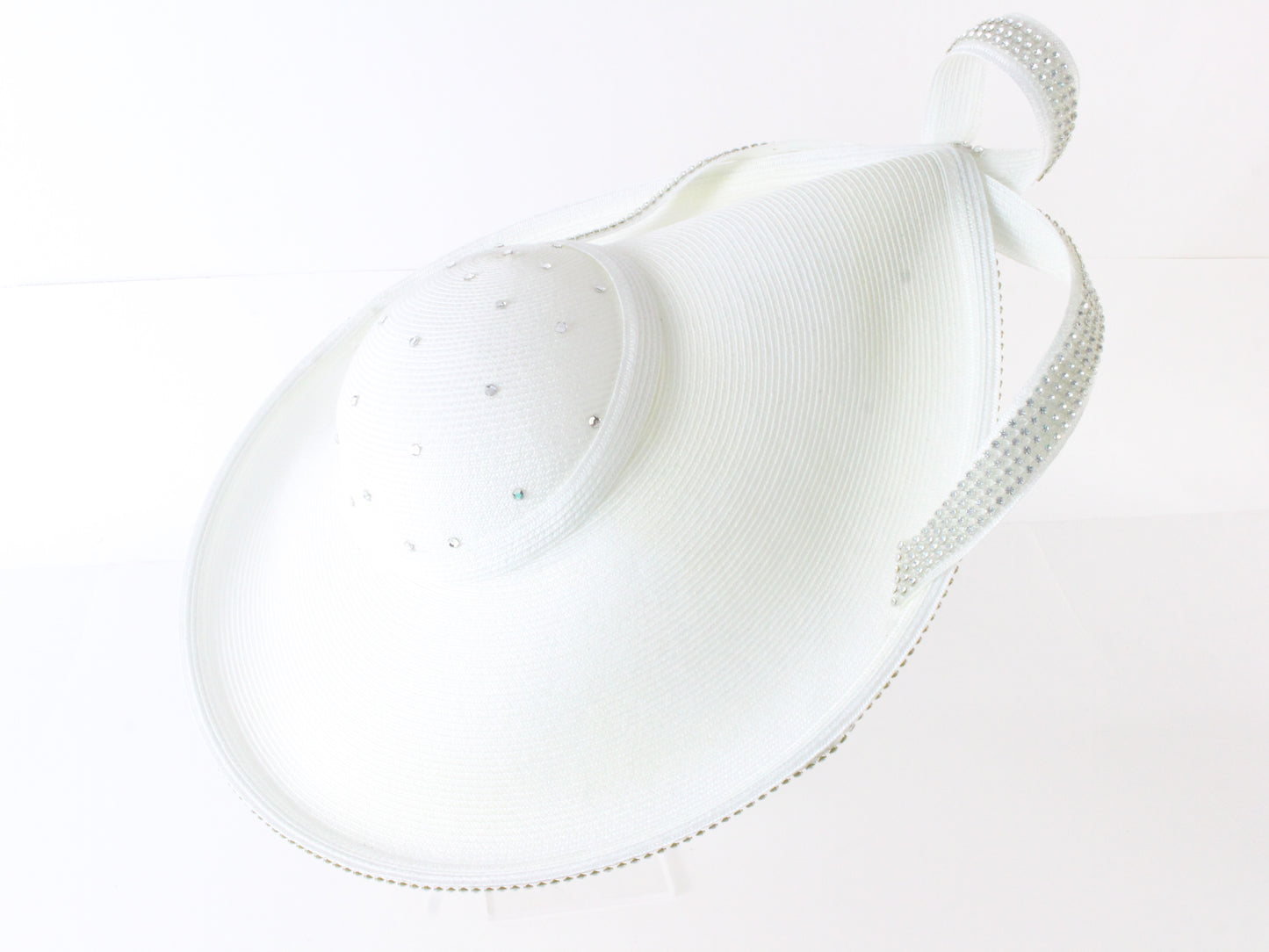 George Zamaul Ladies Boutique White Straw Hat W/ Rhinestones 7 1/8 5ycm