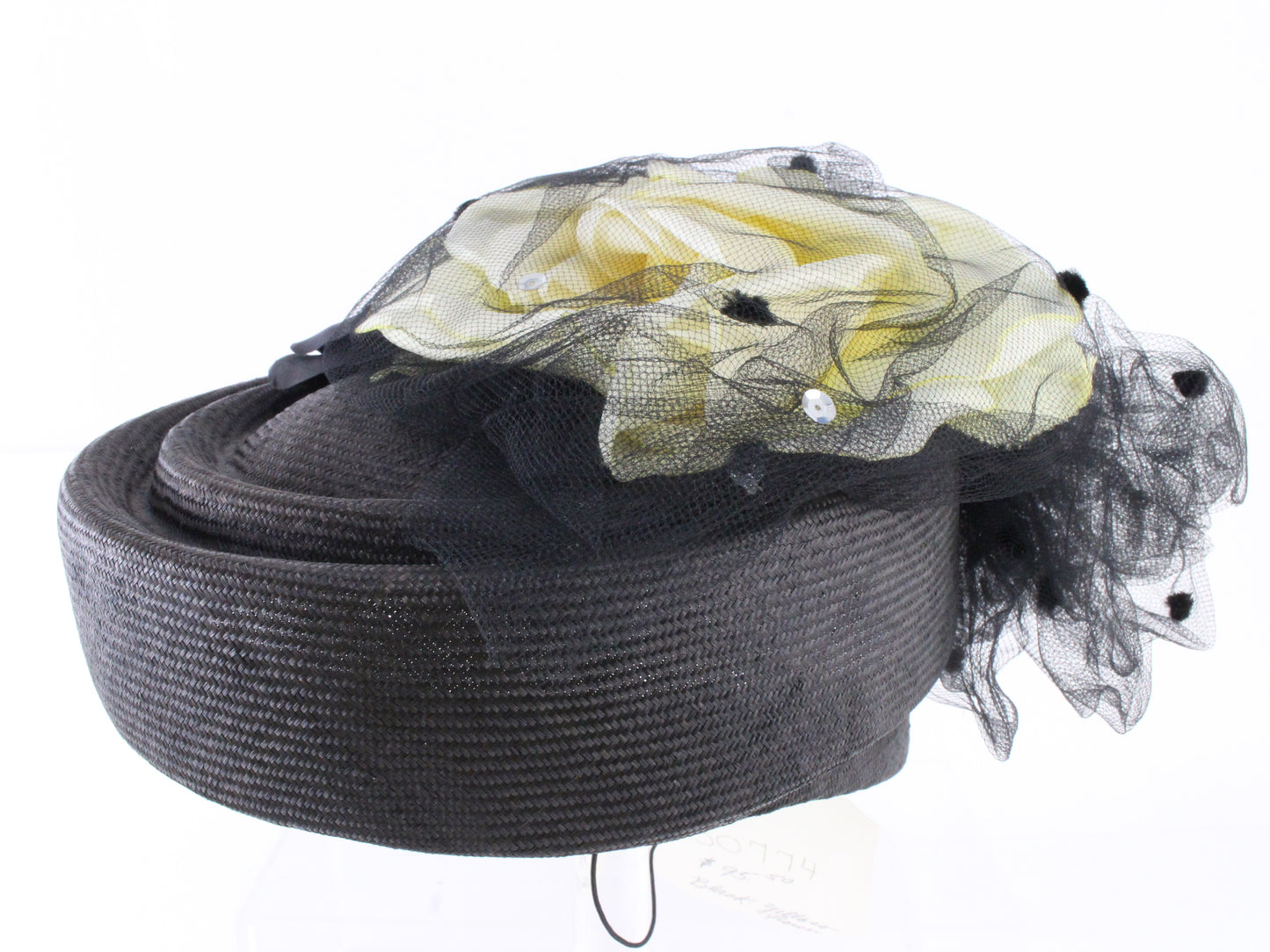 Chapeau Creations Ladies Boutique Black Straw Like Hat W/ Flowers 6 3/4 54cm