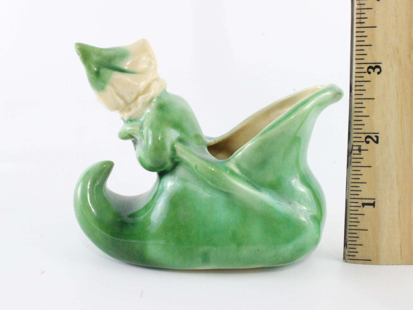 Vintage Pixie Green Leaning Out Of Elf Boot W/ Flower On Head Ceramic 3.25 In