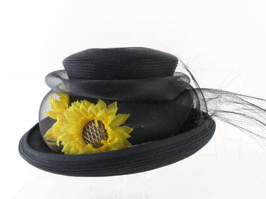 Marzi of Italy Ladies Black Handmade Boutique Hat W/ Sunflowers 6 7/8 55cm