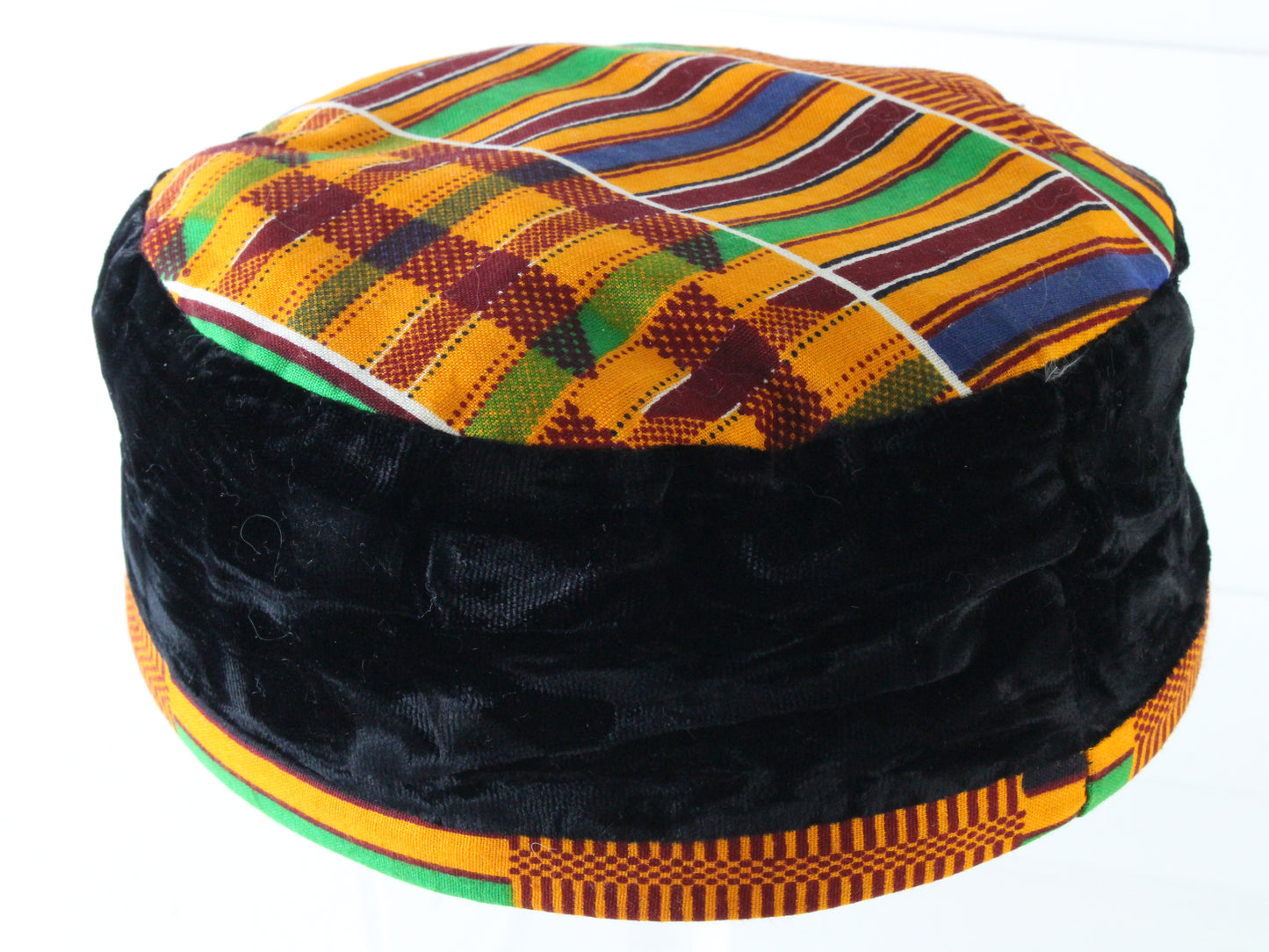 Mens Orange And Green Cap Rectangular Pattern W/ Black Band Authentic African M