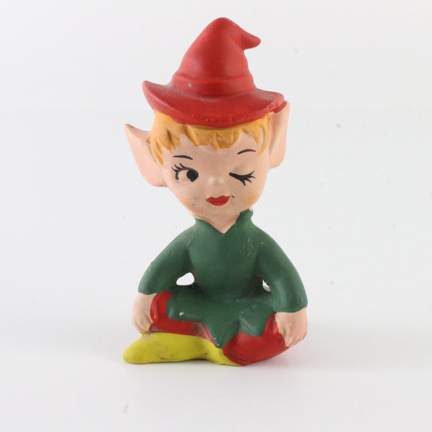 Vintage Red Green Pixie Elf Winking Seated Ceramic Victoria Ceramics Japan 3 In