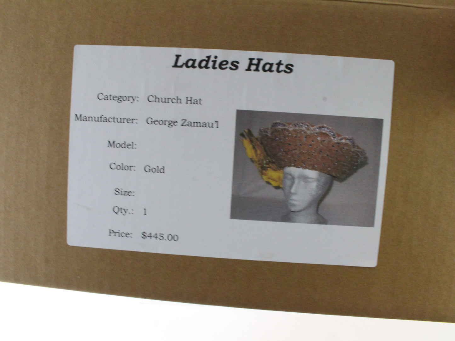 George Zamaul Couture Ladies Boutique Gold Church Hat W/ Flower 7 1/8 57cm