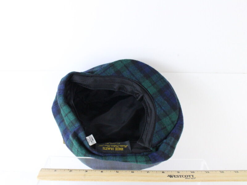 Bee Hats Mens Green Wool Blend Plaid Eight Quarter Cap MADE USA MULTIPLE SIZES