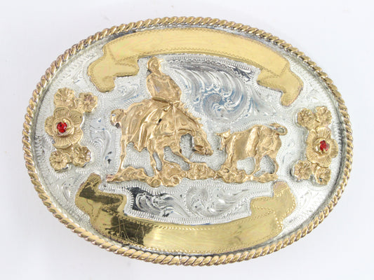 Silver Golden Bull Wrangling Metal Belt Buckle 4” ALPACA MEXICO