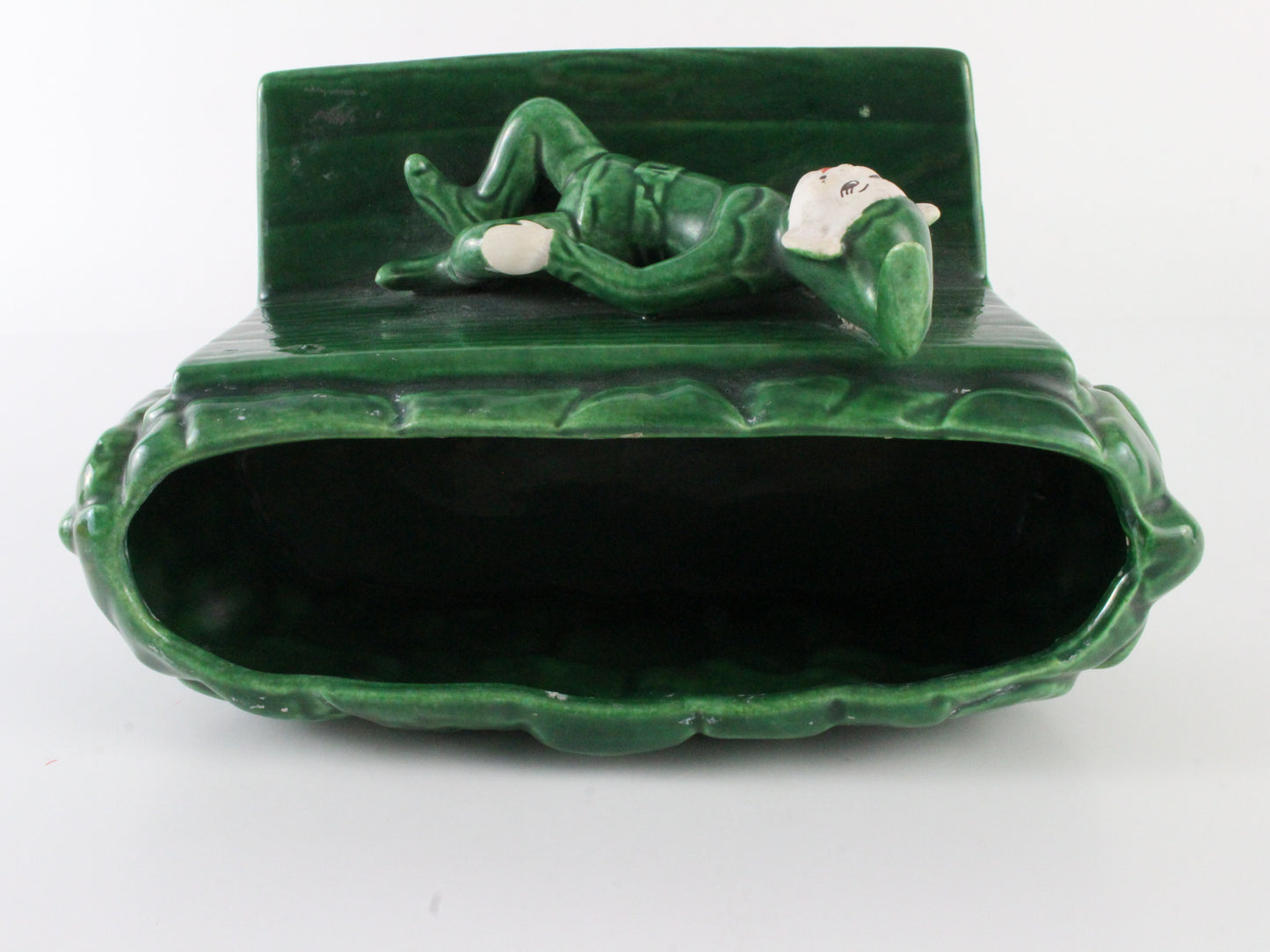 Vintage Green Pixie Elf Reclining On Bench Ceramic Planter 7 In