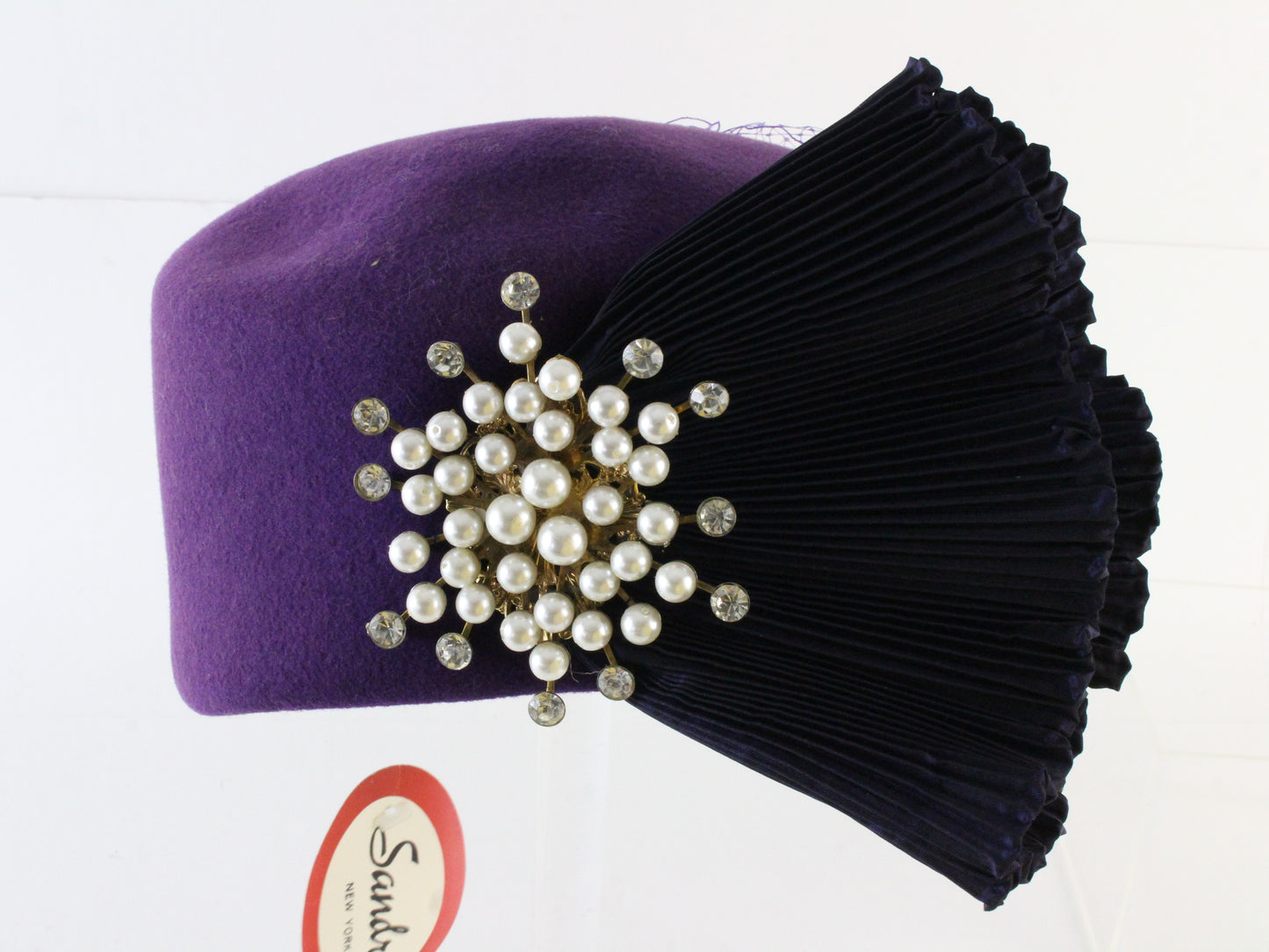 Sandra New York Elegant Purple Wool Felt Ladies Dress Hat W/ Beads 7 56cm